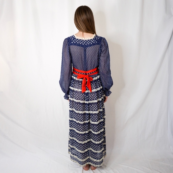 Vintage Americana Lace Peasant Maxi Dress Blue Red - Picture 6 of 8